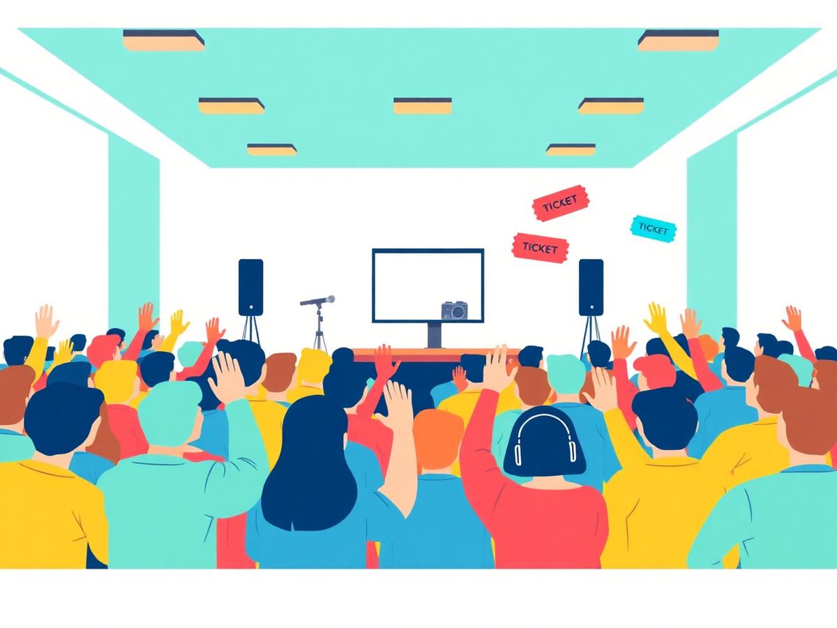 A packed live workshop with an audience raising their hands